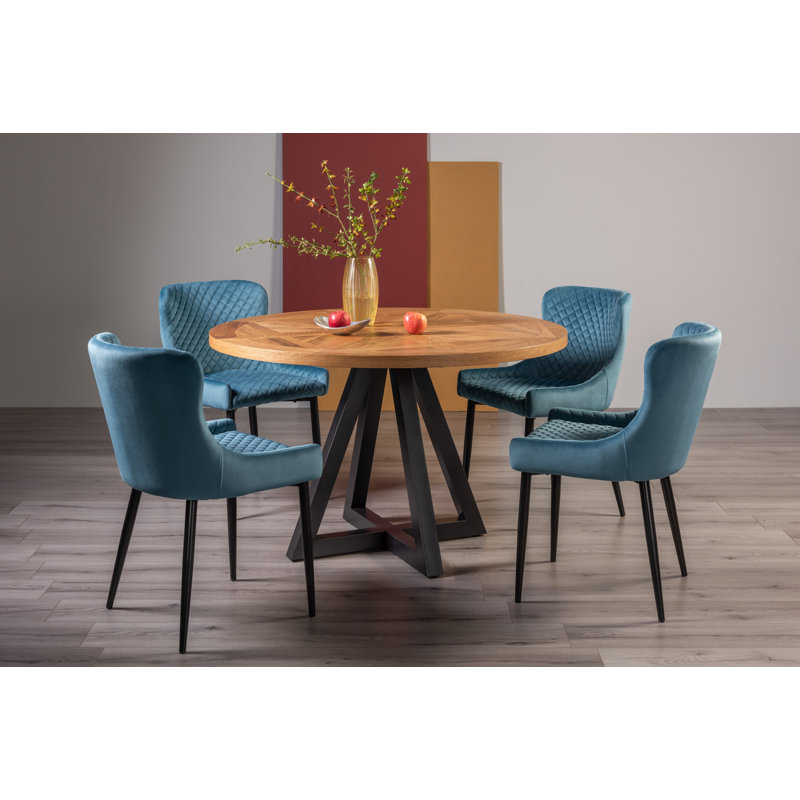 Rustic Oak and Peppercorn Cicrular Dining Table-and-4-Upholstered Arm Chair Quilted With Diamond Stitched Pattern and Sand Black Finish Velvet Fabric (Pair)