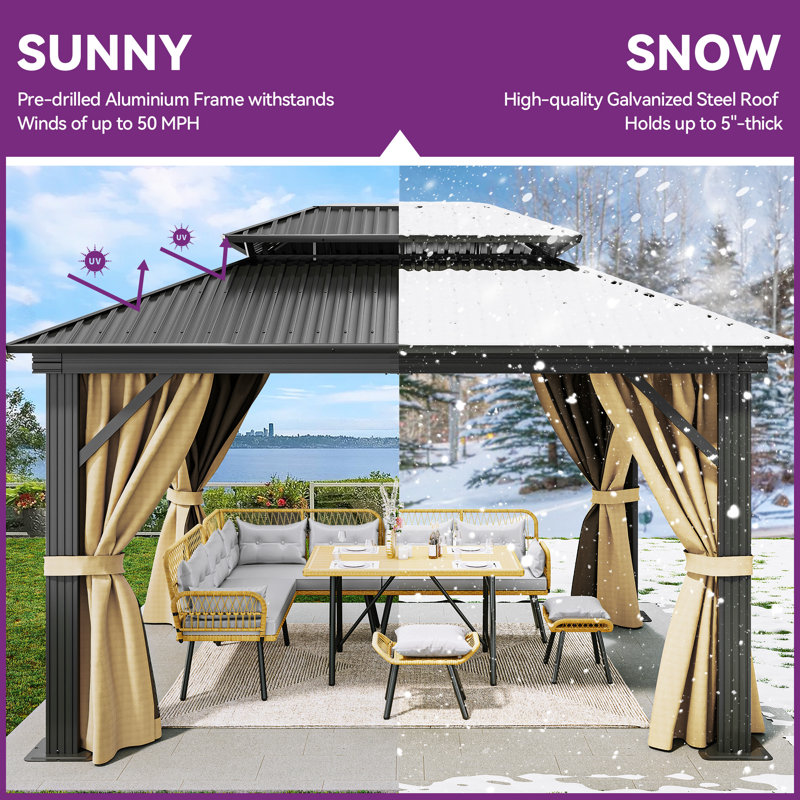 Balconera  Double-Roofed Aluminum Patio Gazebo With Curtain And Mosquito Netting, 9.6ft H x 14ft W x 12 ft D