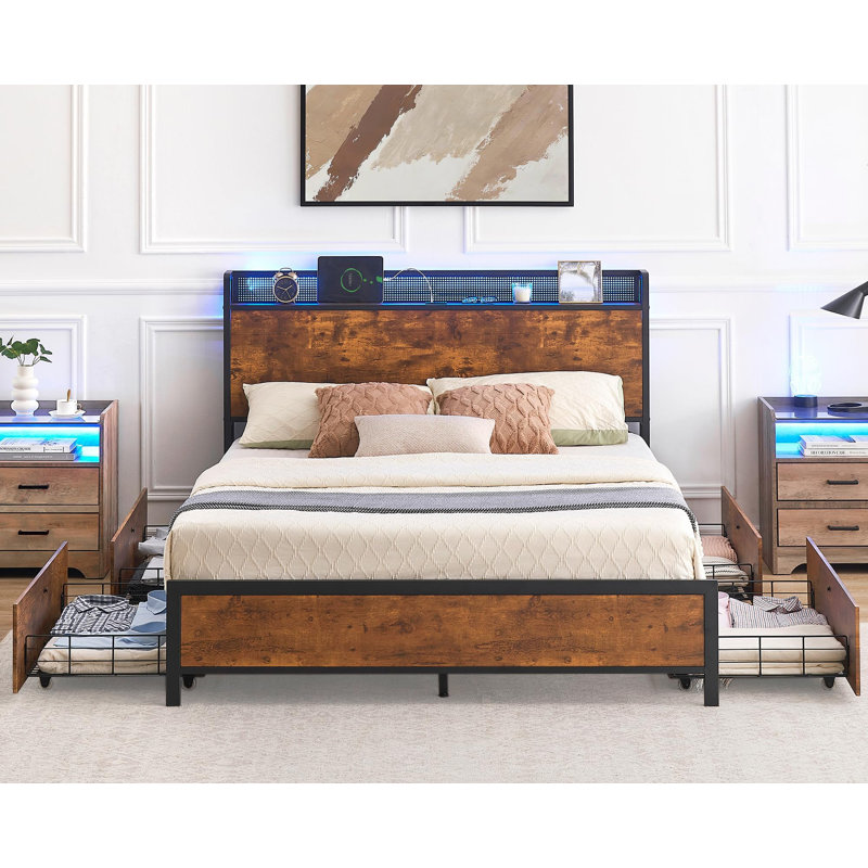 Queen Size Rustic Brown Metal Frame Bed with Storage Drawers and LED Headboard