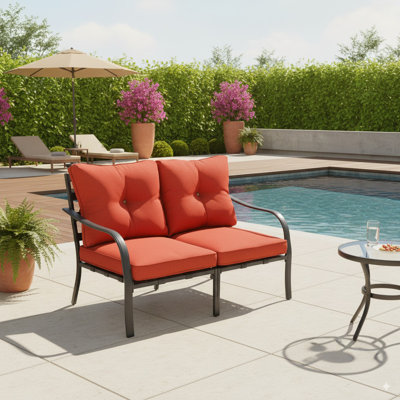 Outdoor 2-Piece Metal Loveseat With Red Cushions