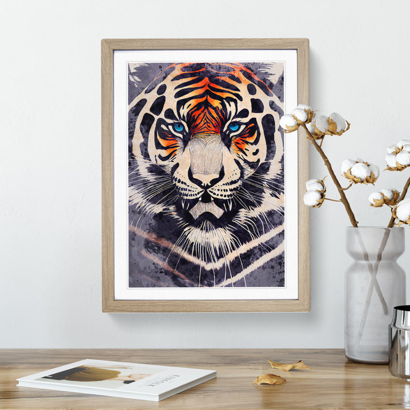 Tiger in Watercolour No.3 - Framed Print, 46cm H x 34cm W x 2cm D, Oak Framed