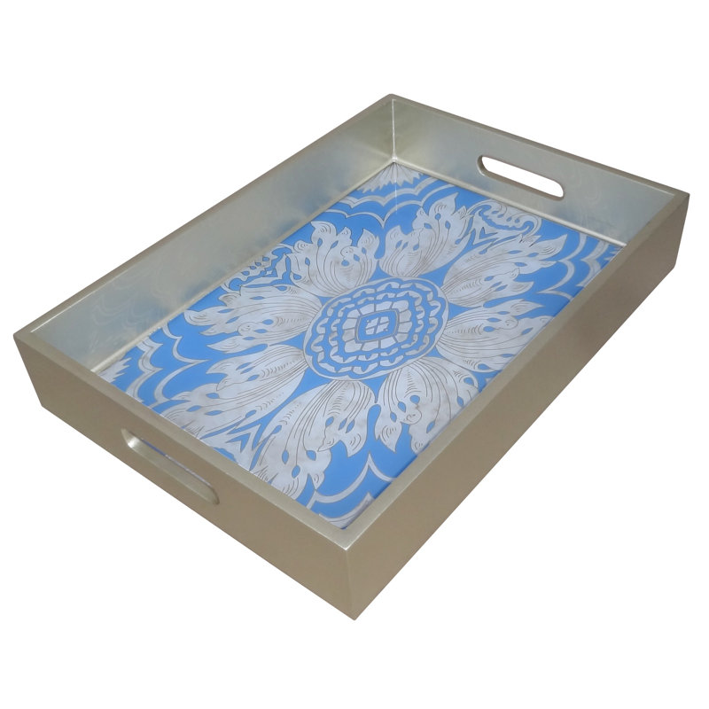 Handmade Reverse Painted Mirror Tray with Handles in Sky Blue - Medium