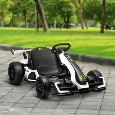 Kart électrique Aosom 24V 7,5 MPH avec siège réglable, voiture à la dérive alimentée par batterie en plein air avec démarrage lent, démarrage par bouton, musique, klaxon, lumières, pour enfants de 6 à 12 ans, blanc