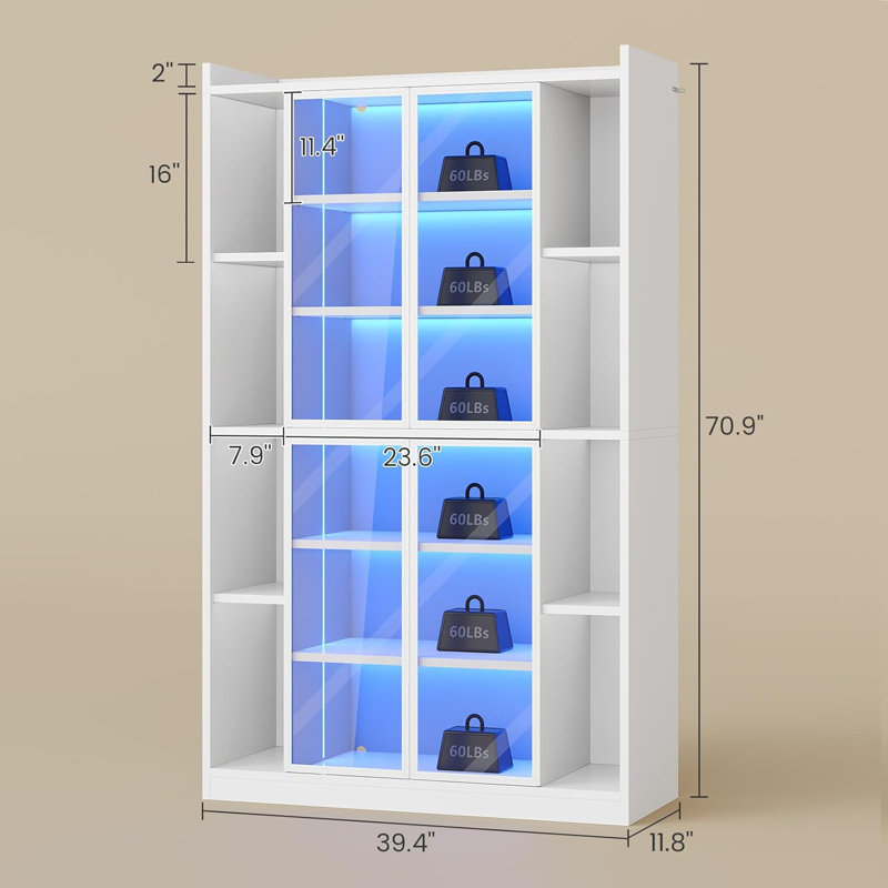 6 Tier Tall Bookcase with LED Lights Large Wood Storage Bookshelf, White