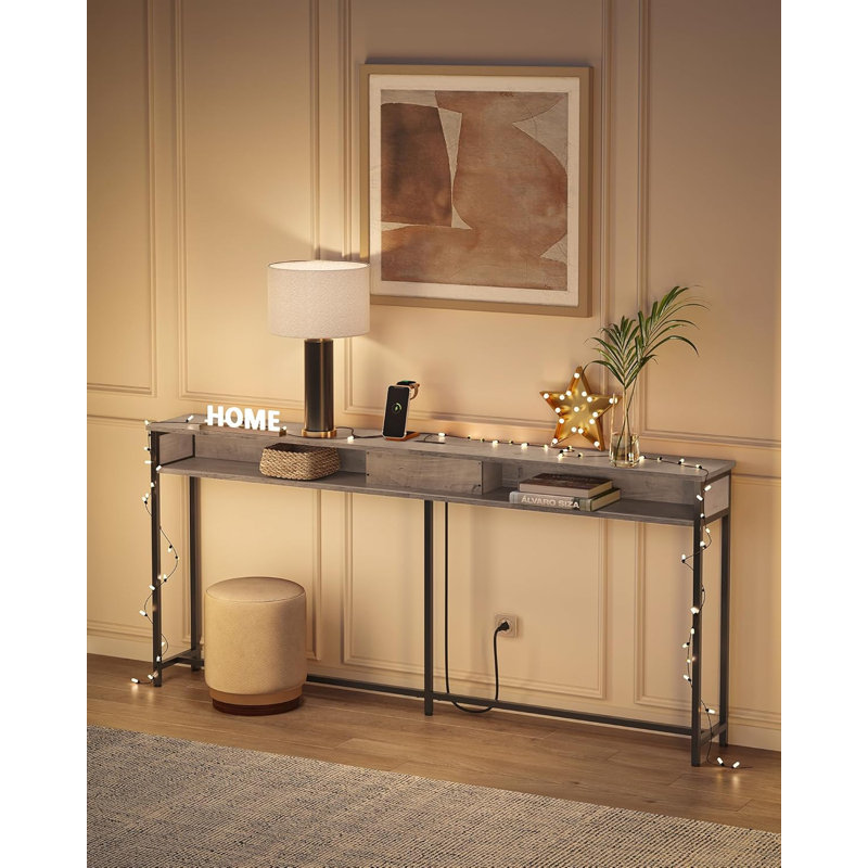 Console avec prises, station de charge et tablettes, Noir, Gris