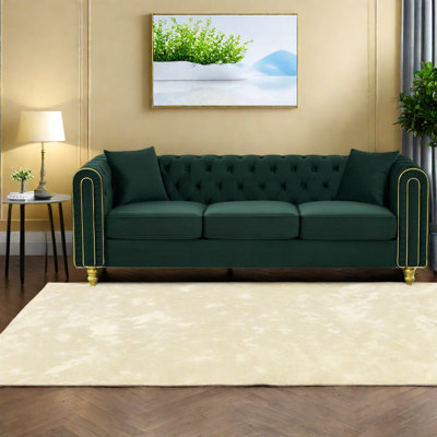 Canapé moderne Chesterfield en velours vert de 86 pouces, pieds dorés pour la maison