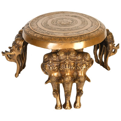 7.7" Handcrafted Brass Ritual Chowki – Tripod Elephant Pedestal Stool with Trishul Details