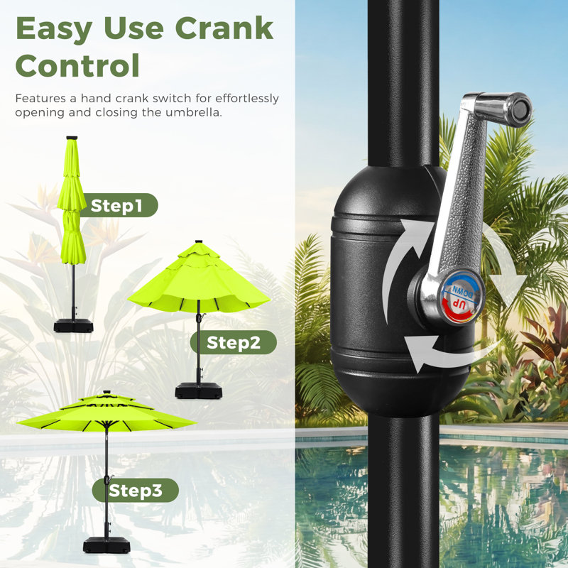 3 m 3-Tier Solar Patio Umbrella,32 LED Lights Patio Table Umbrellas With Tilt And Crank,8 Sturdy Ribs For Market, Beach, Pool, Garden, Deck, Backyard