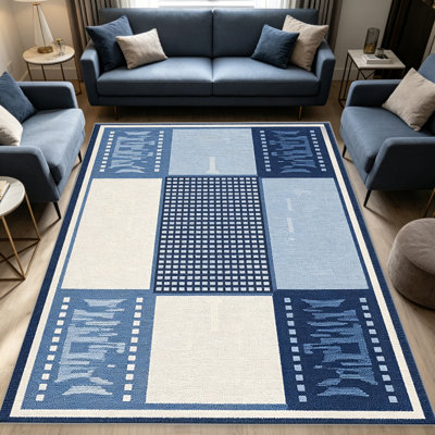 Tapis modernes modernes à panneaux bleus pour le salon, doux et confortables, adaptés à toutes les saisons, faciles à entretenir, tapis de sol intérieur lavable à la machine, sous la table de ferme convenant à la chambre à coucher, à la salle à manger, au bureau, au balcon, au patio