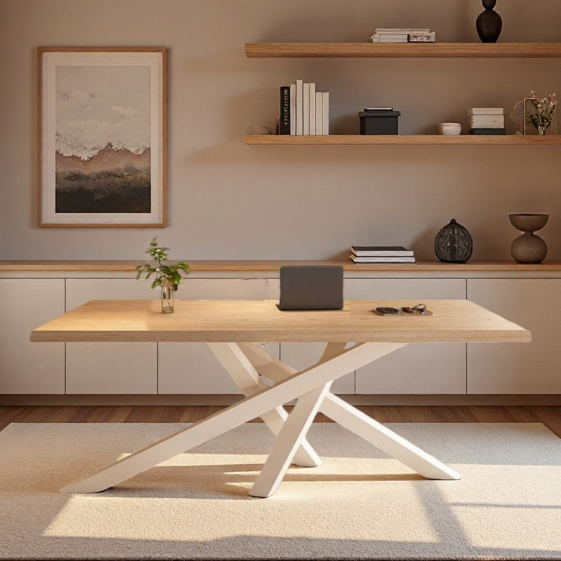 Table de bureau longue en bois massif de conception simple, H 29,53 po x l 55,12 po x P 27,56 po, Burlywood / blanc