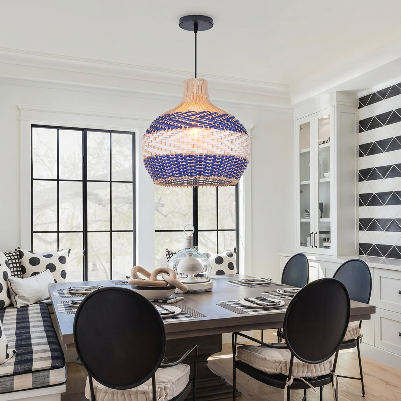 Luminaire suspendu en rotin tissé à la main bleu et blanc, plafonnier suspendu en osier de style bord de mer Boho