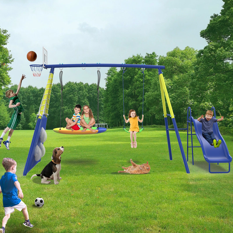 Balançoires pour enfants en métal avec support en A robuste pour aire de jeu Sumij 5 en 1, Bleu