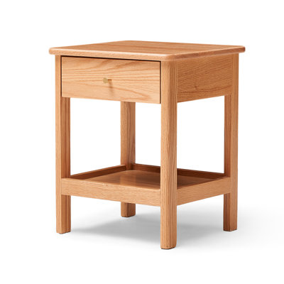Nightstand, Solid Oak Wood Night Stand with Drawer and Open Shelf, Modern Bedside Table with Brass Handle and Wooden Sliding Rail, Small Side Table for Bedroom, Living Room