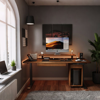 78.74" Black Walnut-Colored Rubber Wood Solid Wood Electric Height-Adjustable Standing Desk with Mobile CPU Cabinet and Desktop Shelf
