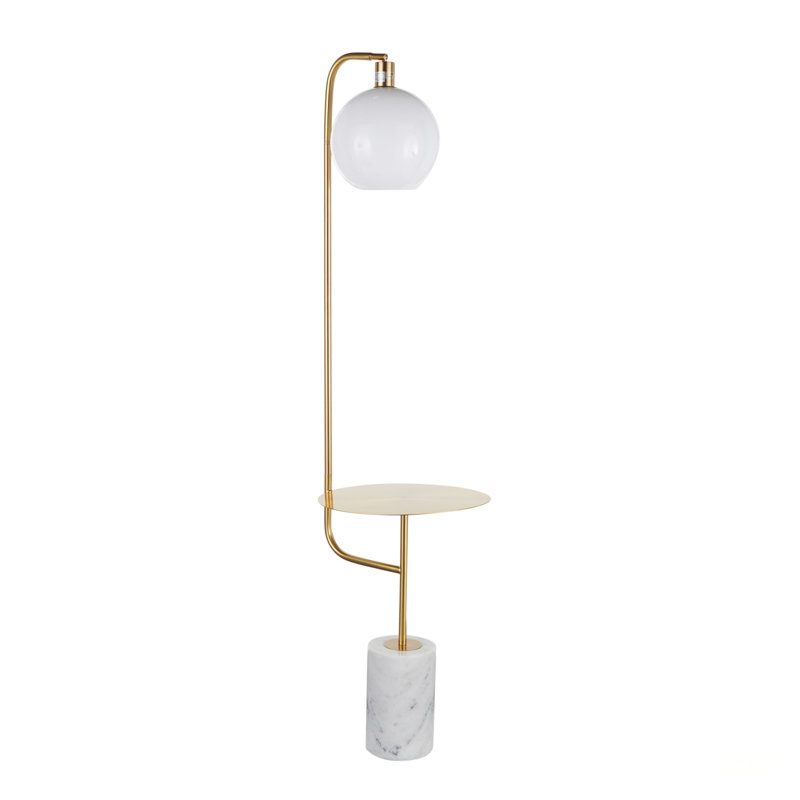 Lampe sur pied glamour contemporaine avec table d'appoint en métal doré et base en marbre blanc Symbole pour un éclairage et un décor élégants