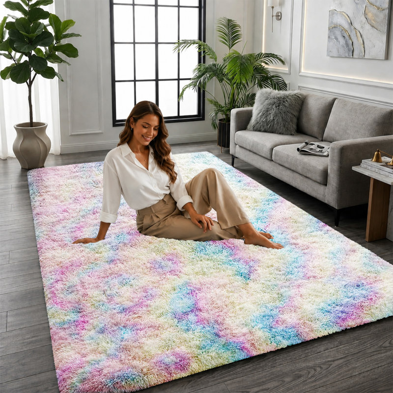 Vibrant Multi-Tone Abstract Rainbow Shag Area Rug - Soft Microfiber Easy-Care Design, Rectangle 120 x 170 cm