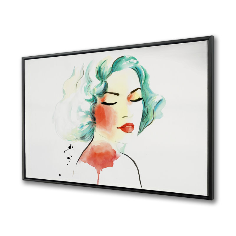 Portrait de la femme à l'aquarelle sur le côté gauche - toile turquoise