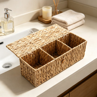 Wicker Bathroom Basket with Lid, Natural Water Hyacinth Toilet Tank Storage Box with Three Compartments, Woven Organizer for Bathroom Essentials