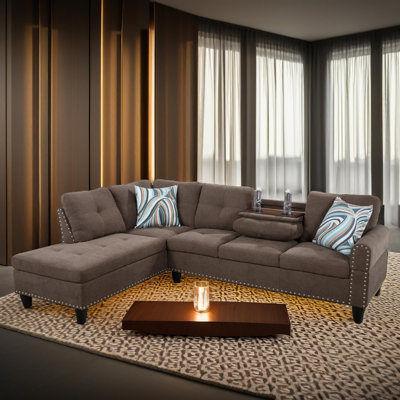 Audora Brown Microfiber Left-Facing Sectional 3-Piece Sofa Living Room Sofa Set