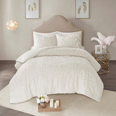 Ensemble d'édredon 3 pièces médaillon en chenille de coton blanc cassé