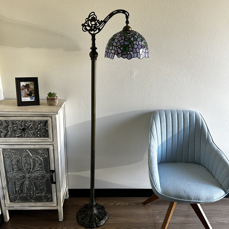Pinerolo Tiffany Floor Lamp Stained Glass Green Leaves Gooseneck Adjustable LED Bulb Included 20"W*12"D*63"H, Purple/Green
