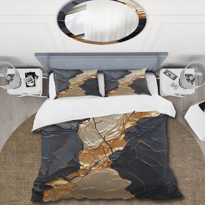 Ensemble de housse de couette Minimalisme chrome or et noir II - Spirales abstraites