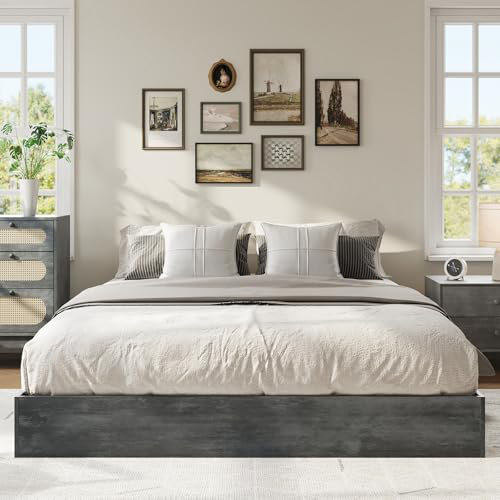 Solid Wood Platform Bed with Sturdy Wooden Slats, Floor-Standing Bed Frame, Queen, Charcoal Grey