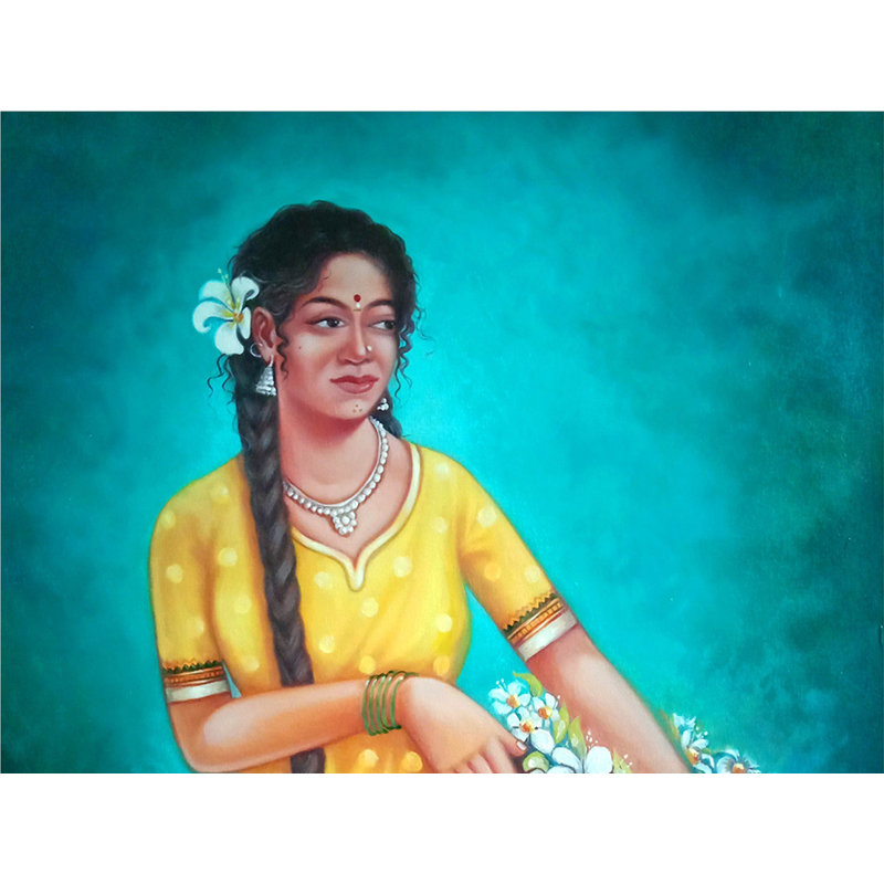 Femme tenant un panier de fleurs | Huile sur toile | Par Santosh Narayan Dangare