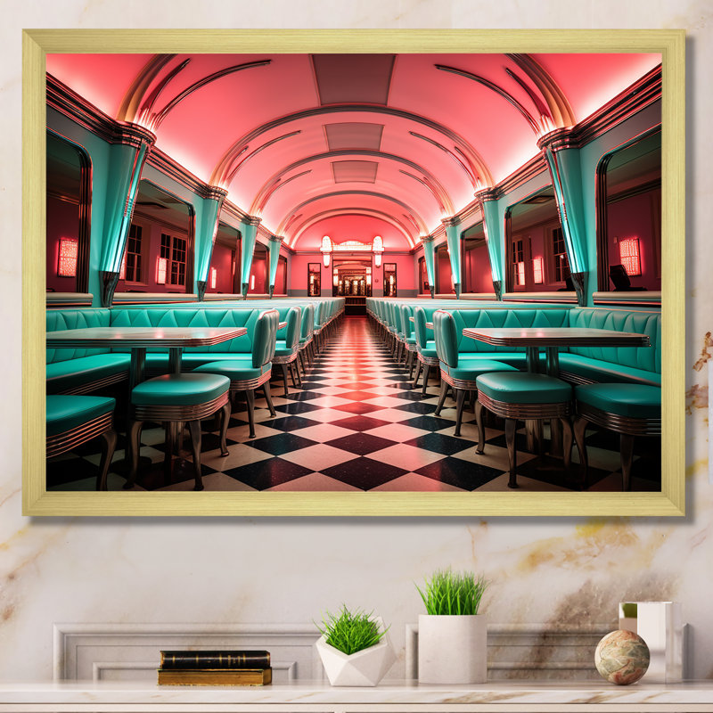 «Pink Nostalgic Tunes Fast Food 1960S Diner - Jukeboxes», art mural, Cadre doré à coins fermés, H 34 po x l 44 po x P 1,5 po