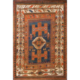 Blue Ground Tribal Geometric Figural Pattern Antique Caucasian Kazak Rug