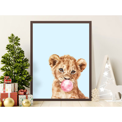 Lion Wall Art, Cute Animal Print, Bubble Gum Art, Nursery Decor, Kids Room Art, Framed Wall Art, Multiple Sizes, Watercolor