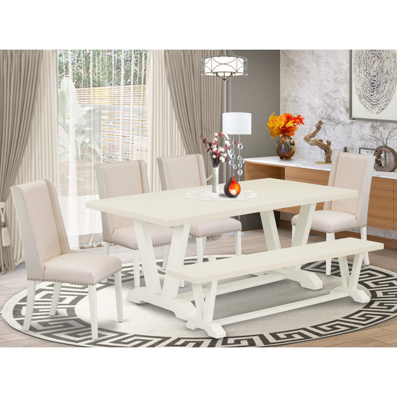 6-Piece Dining Table Set and Dining Bench - 4 Cream Linen Fabric Chairs Wire brushed Linen White., Linen White