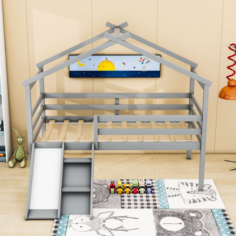 Aluino Twin Wooden Low Loft Bed With Slide And Safety Guardrails, Gray