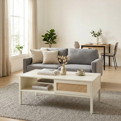 Table basse moderne en rotin blanc, 40,16 po, rangement pour porte coulissante, pieds en métal pour le salon | Idée cadeau