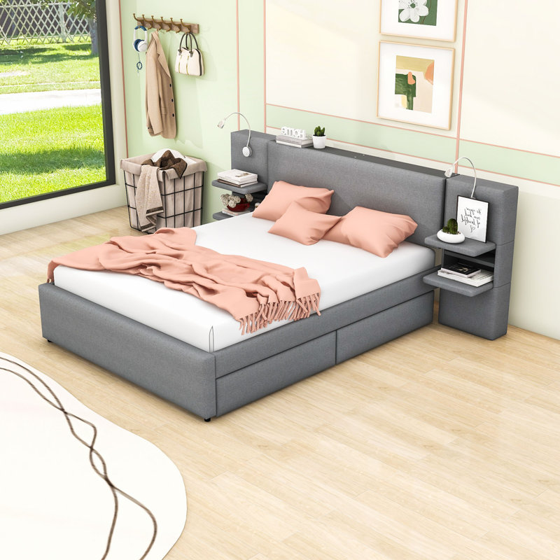 Grand lit plateforme tapissier 2 tiroirs avec lit gigogne simple, tête de lit avec rangement, lumières et tablettes, gris