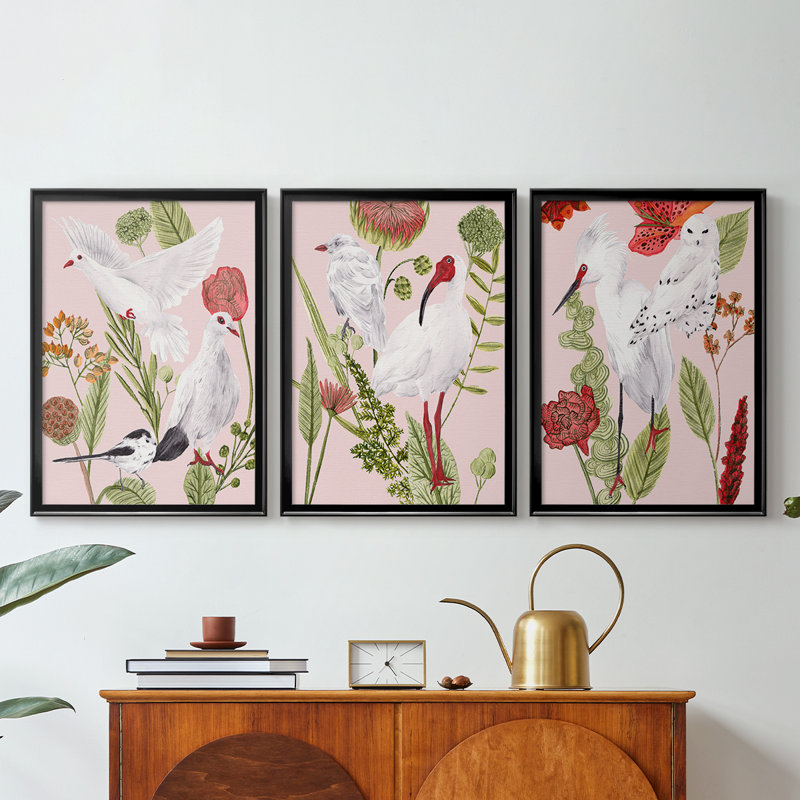 Birds in Motion I - Toile tendue avec châssis sur mesure - 3 pièces, H 27 po x l 39 po, Noir