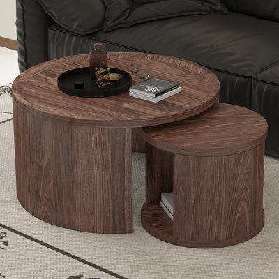 Round Nesting Coffee Table Set Of 2, Natural Wood Color Coffee Table, 31.5" Large & 18" Small Low Tables With Wood Top, Center Table For Living Room,