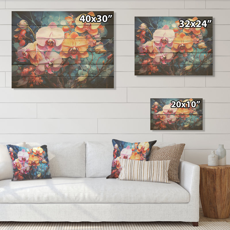 Orchidées roses et oranges sauvages - Art sur bois de pin naturel, H 10 po x l 20 po