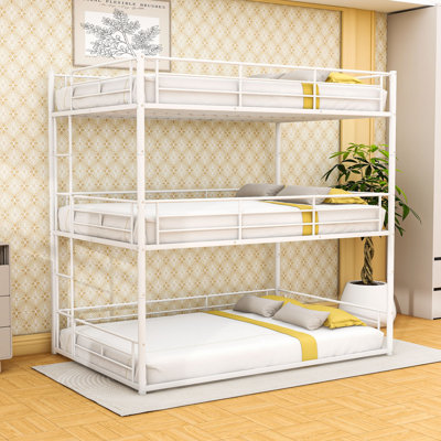 Triple Bunk Metal Bed with Ladder and Guardrails