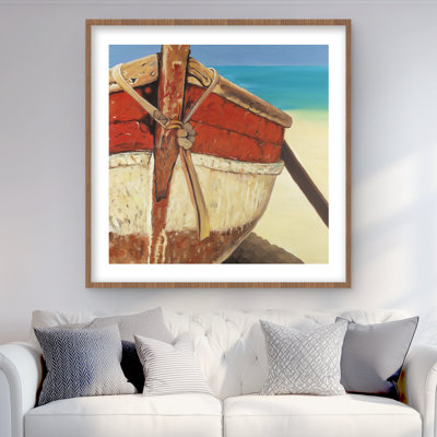 «Tied Up Rowing Boat - Coastal Beach», reproduction encadrée