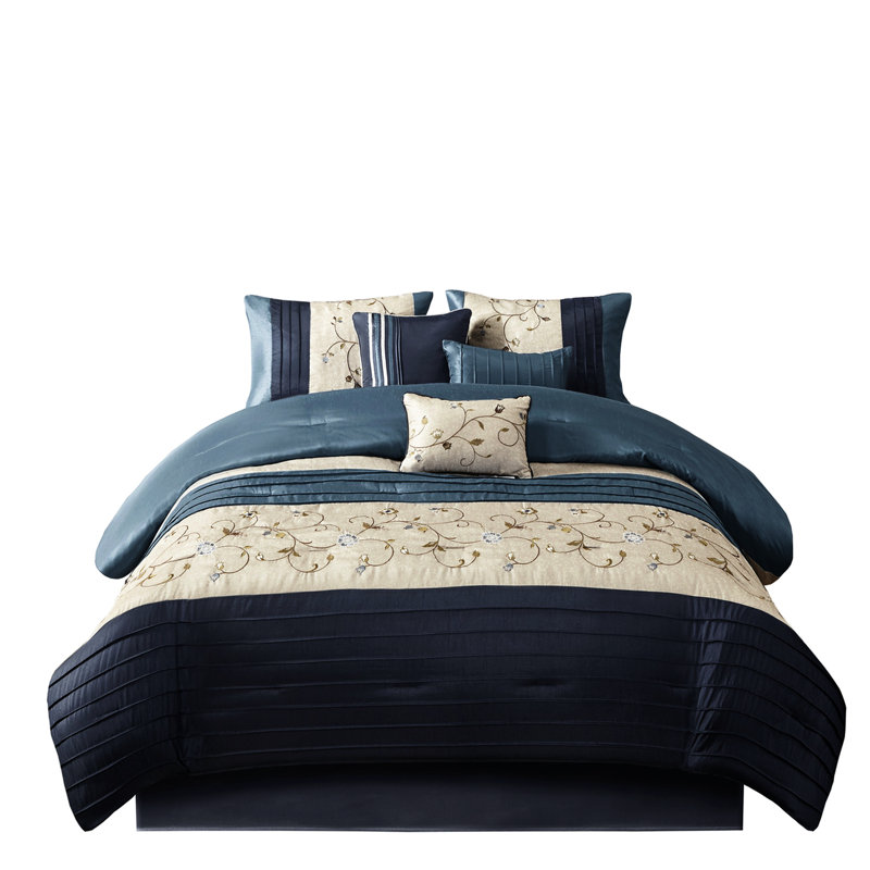 Édredon 7 pièces - Beauté brodée, 2 taies décoratives, 3 coussins décoratifs, 1 édredon et jupe de lit 100% décorative
