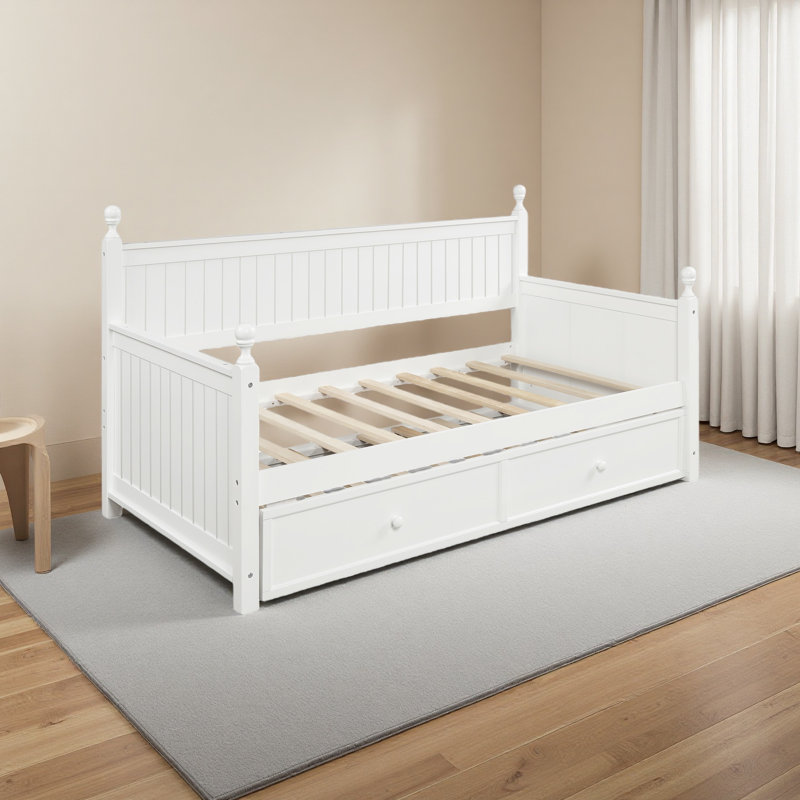 Twin Size Wood Daybed With Twin Size Trundle (White)