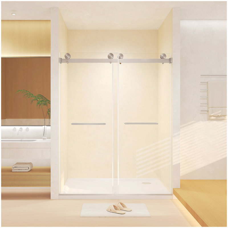 Frameless Double Sliding Shower Door 56-60 "W x 74" H, 5/16 "(8mm) Tempered Glass, Explosion Proof Film, Stainless Steel Handle, Square Tube Track,Brushed Nickel
