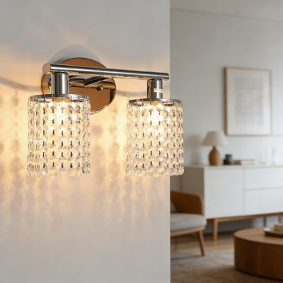 Modern Bathroom Vanity Light With Crystal Strings, 2-Light Polished Chrome Wall Sconce For Over Mirror, Living Room, And Entryway