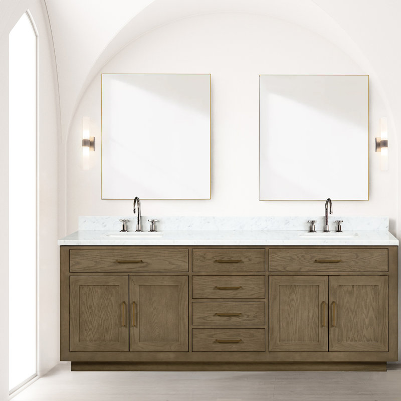 84 po Meuble-lavabo double en chêne gris avec rangement en bois massif et en largeur, largeur x 22 profondeur, construction à assemblage rapide, aspect utilisé