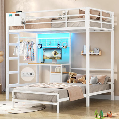 Twin Over Twin Bunk Bed With Desk And Charging Station, Metal Loft Bed, Twin Bed With Led Lights And Storage Shelves And Drawers, L-shaped Bunk Bed