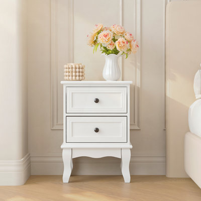 Table de chevet blanche moderne avec 2 tiroirs, table de chevet style campagne française avec pieds élégants sculptés, petite table de bout pour la chambre à coucher, le salon ou la chambre d'amis