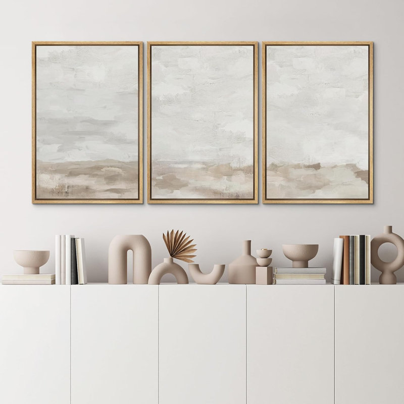 Minimal Landscape Muted Neutral Abstract Landscape Modern Organic Minimalist Framed Canvas 3 Pieces Print Wall Art, Natural