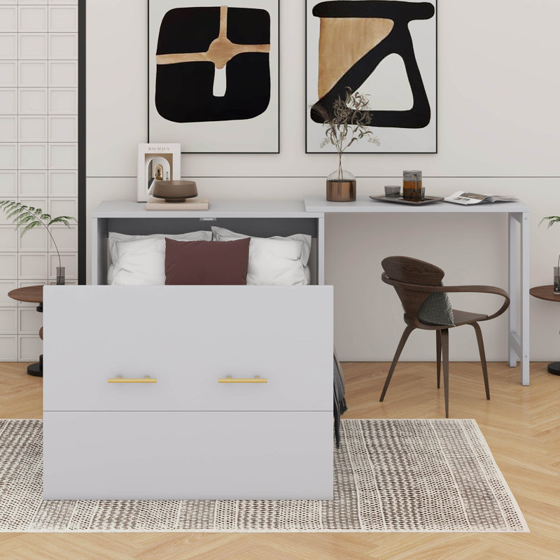 Lit simple escamotable avec commode à hauteur réglable, commode escamotable avec coussin pliable, Gris