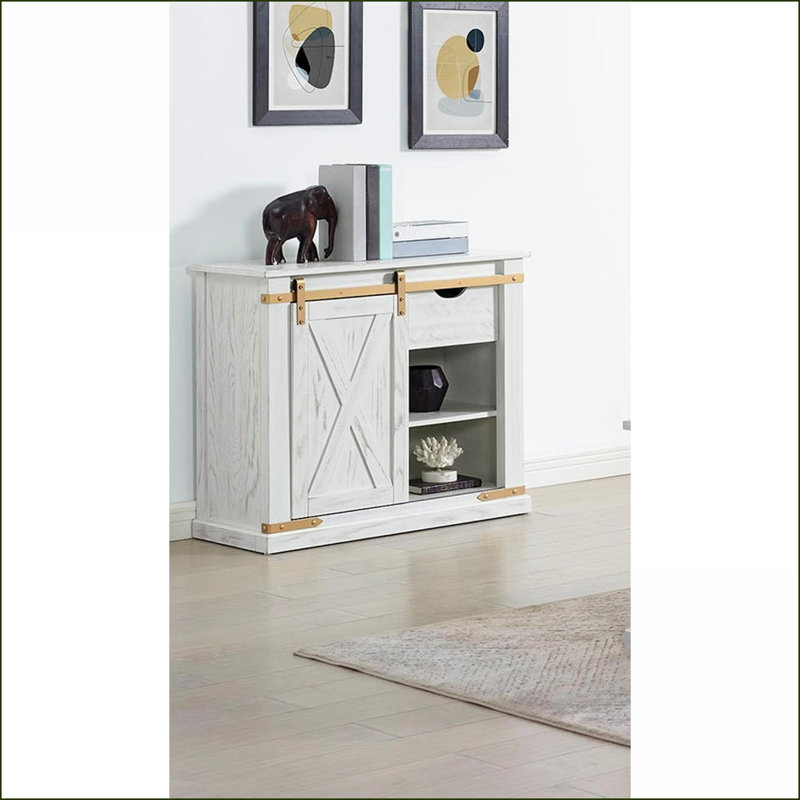 Blanc antique rustique Table basse dorée pour le salon, tiroir coulissant central et tablettes ouvertes